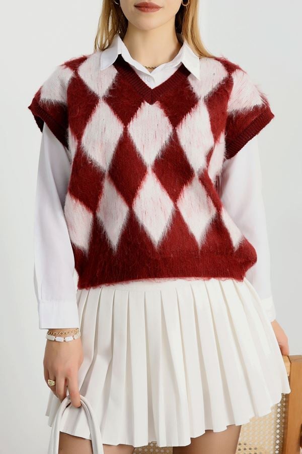 Baklava Desenli Süveter Bordo - 2409.1765.