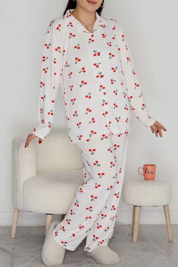 Büyük Beden Soft Milan Düğmeli Pijama Takımı Beyazkiraz - 754.1287.