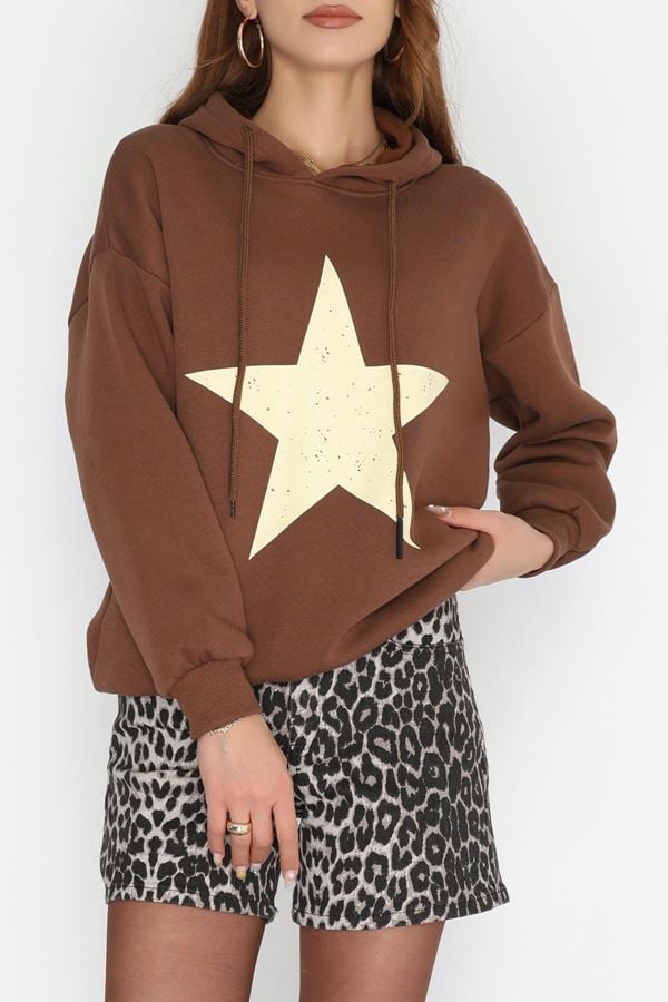 3 İplik Kapşonlu Baskılı Sweat Kahvebej - 42225.1878.