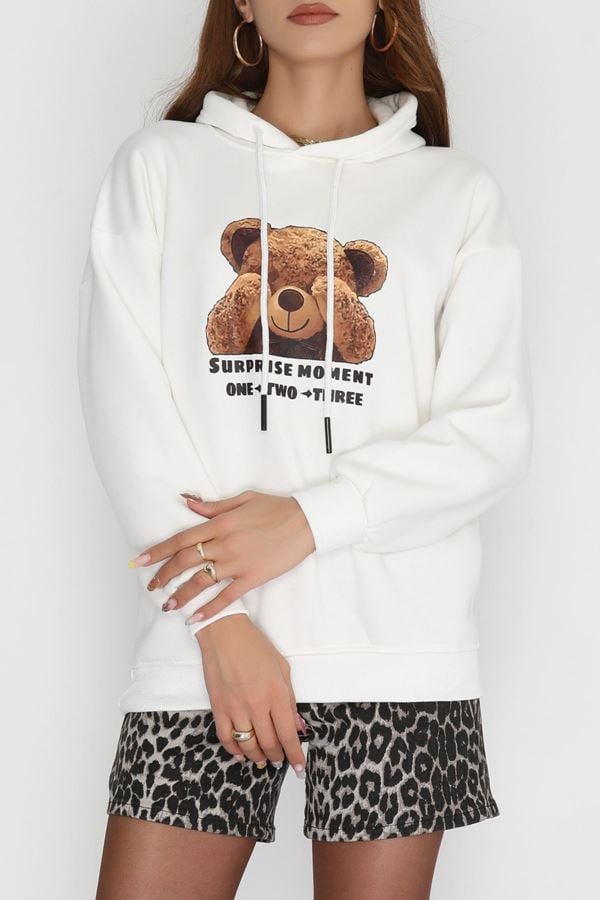 3 İplik Kapşonlu Baskılı Sweat Ekru - 42220.1878.