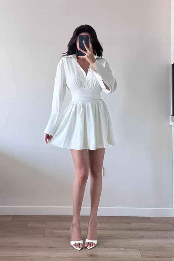 Gömlek Yaka Dubai Kumaş Elbise Beyaz - 42517.1997.