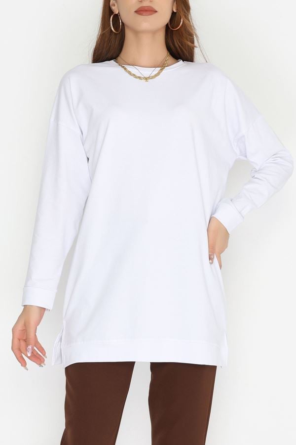 Yanı Yırtmaç Detaylı Kompak Likralı Tunik Beyaz - 90933.1878.