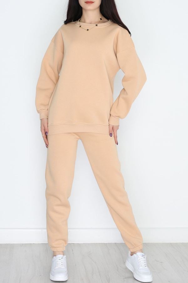3 İplik Bisiklet Yaka Eşofman Takımı Bej - 20779.1878.