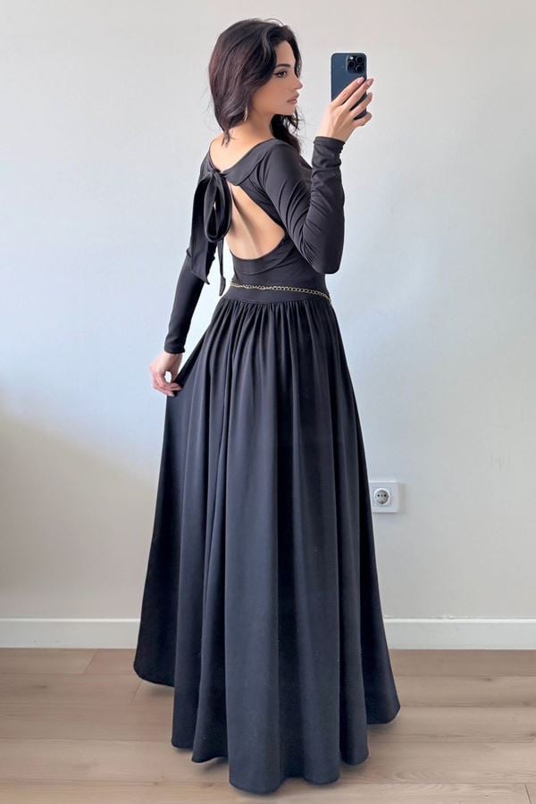 Loch Bel Büzgülü Sırt Fiyonklu Elbise Siyah - 2681.1997.