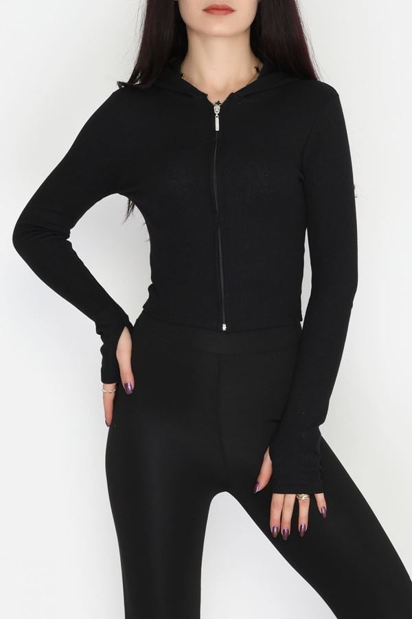 Kapşonlu Parmak Geçmeli Kaşkorse Body Siyah - 70769.1748.