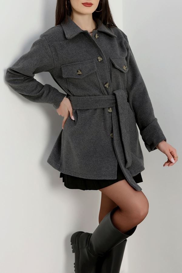 Çift Cepli Kuşaklı Tunik Gömlek Antrasit - 70991.1775.