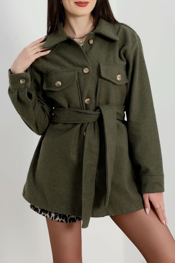 Çift Cepli Kuşaklı Tunik Gömlek Haki - 70991.1775.