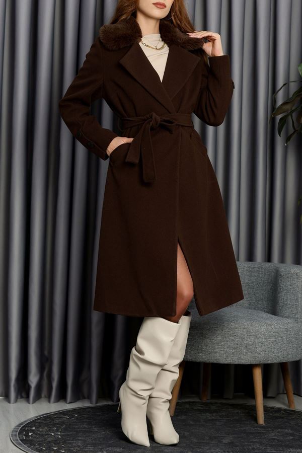 Ressam Yaka Kürklü Astarlı Uzun Kaban Acıkahve - 3158.1322.