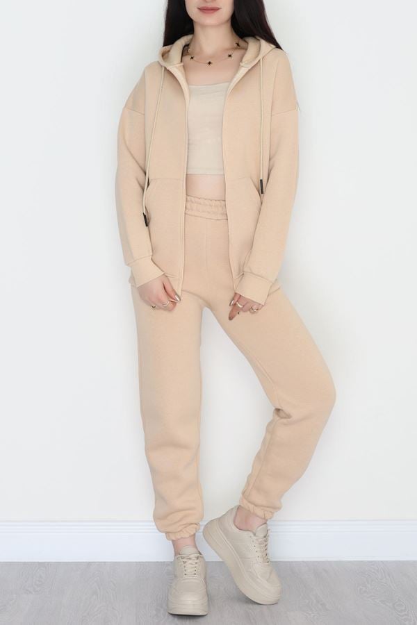 3 İplik Kapşonlu Eşofman Takımı Bej - 20255.1878.