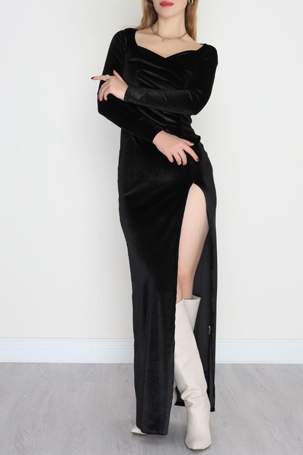 Kalp Yaka Kadife Elbise Siyah - 582294.1592.