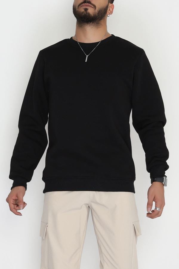 Bisiklet Yaka Şardonlu 3 İplik Erkek Sweat Siyah - 42574.1878.