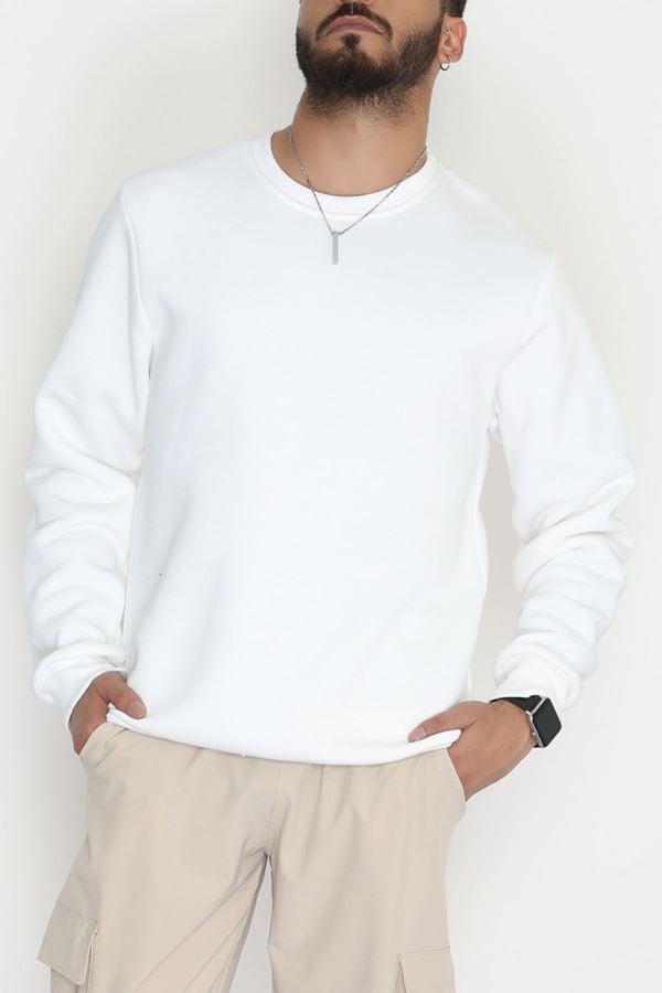Bisiklet Yaka Şardonlu 3 İplik Erkek Sweat Ekru - 42574.1878.