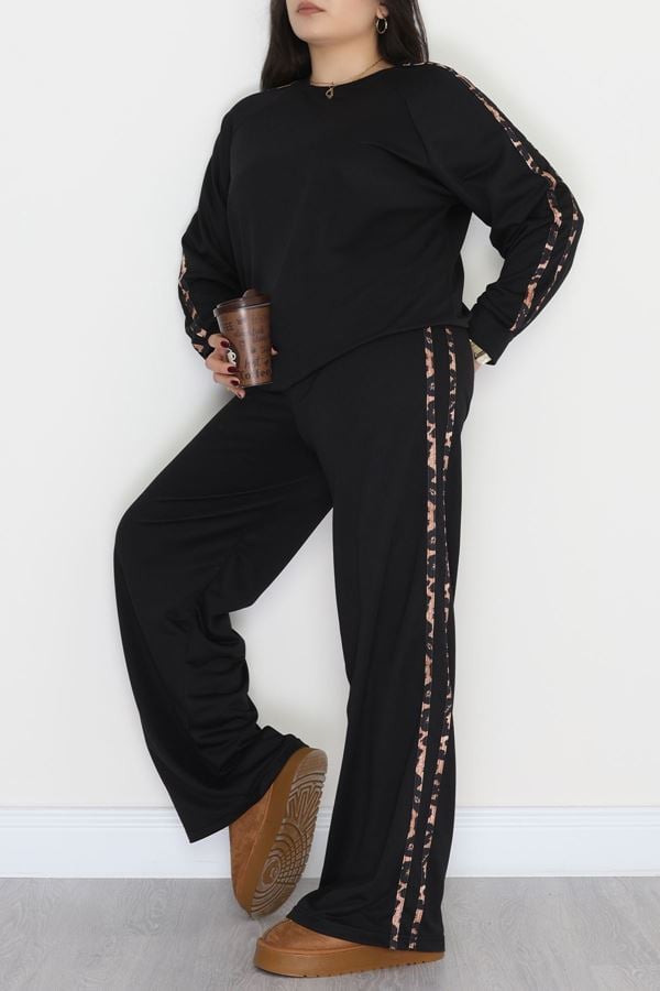 Şeritli 2 İplik Büyük Beden Eşofman Takımı Siyah - 50784.1857.