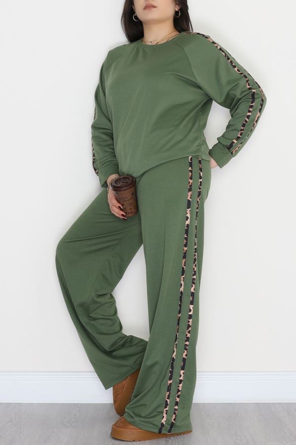 Şeritli 2 İplik Büyük Beden Eşofman Takımı Haki - 50784.1857.