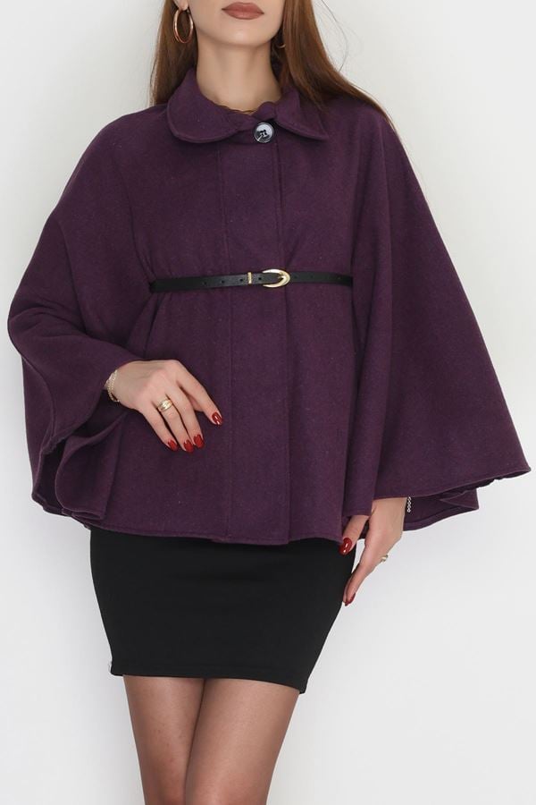 Kaşe Kumaş Kemer Detaylı Panço Mor - 31399.1872.