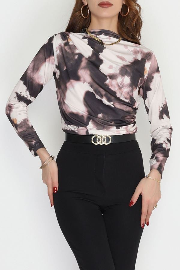 Desenli Dik Yaka Sandy Bluz Leopar2 - 70691.1949.