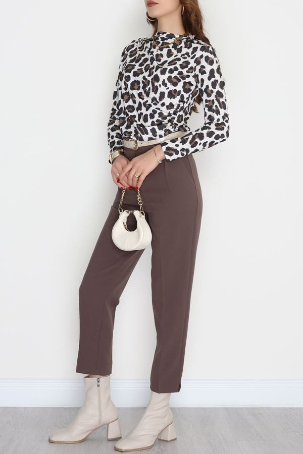 Desenli Dik Yaka Sandy Bluz Leopar1 - 70691.1949.