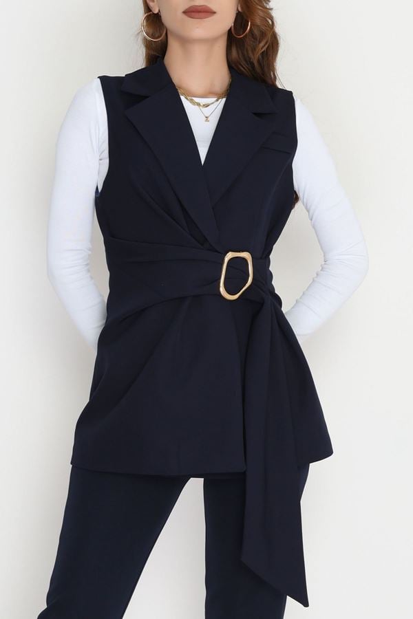 Dabıl Kumaş Bağlamalı Astarlı Yelek Lacivert - 31359.1397.