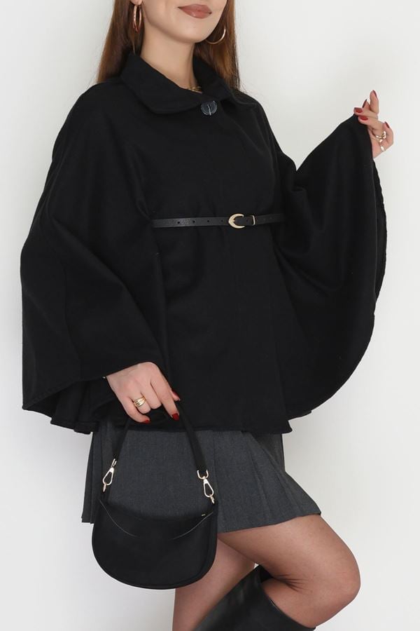 Kaşe Kumaş Kemer Detaylı Panço Siyah - 31399.1872.