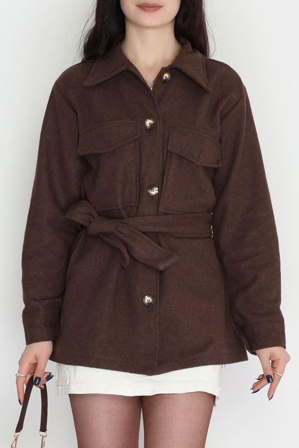Çift Cepli Kuşaklı Tunik Gömlek Açıkkahve - 70991.1775.