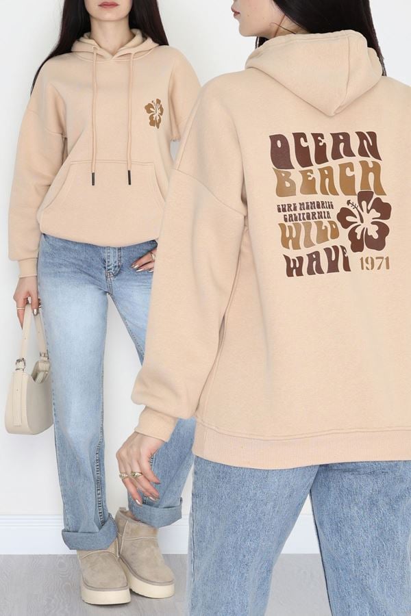3 İplik Kanguru Cepli Kapşonlu Sweat Bejkahve - 42247.1878.
