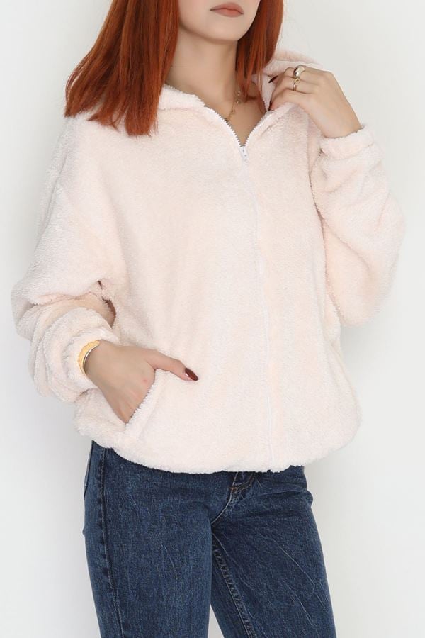 Kapşonlu Fermuarlı Peluş Ceket Açıksomon - 31509.1872.