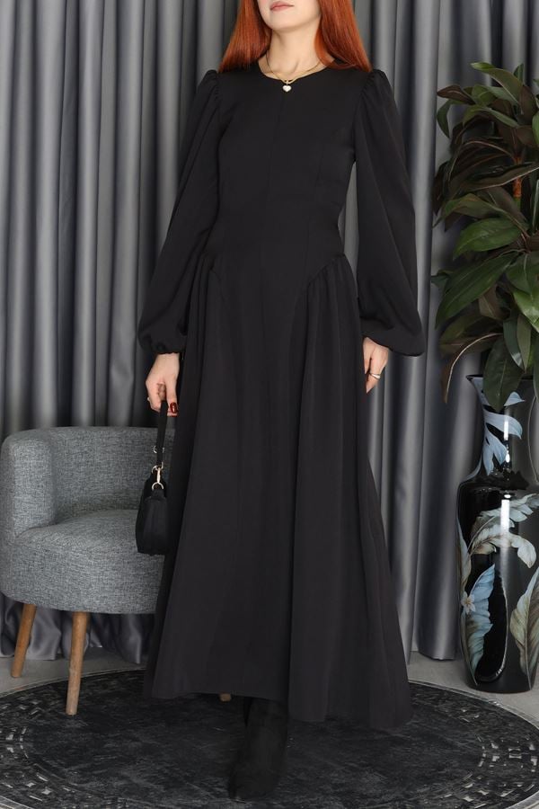 Loch Sırt Kuşak Bağlamalı Balon Kol Elbise Siyah - 2584.1997.