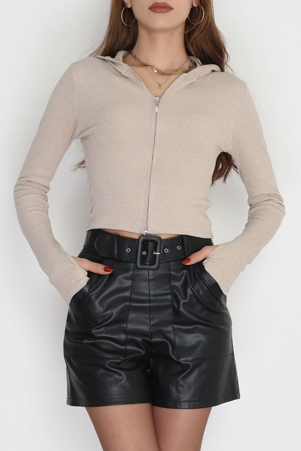 Kapşonlu Parmak Geçmeli Kaşkorse Body Bej - 70769.1748.