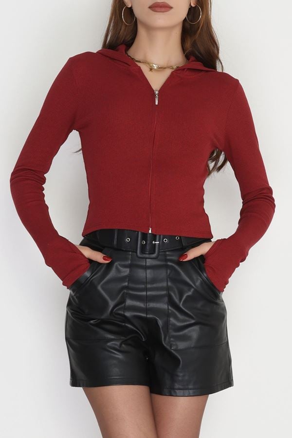 Kapşonlu Parmak Geçmeli Kaşkorse Body Bordo - 70769.1748.
