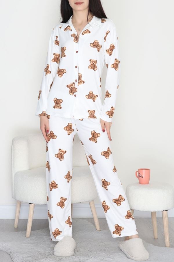 Düğmeli Süet Pijama Takımı Bejayı - 450.1287.