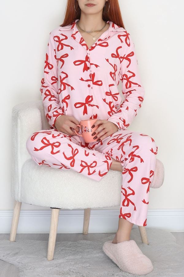 Düğmeli Süet Pijama Takımı Kırmızıtozpembe - 450.1287.