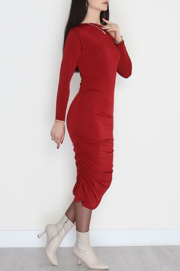 Asimetrik Yaka Sandy Elbise Bordo - 42570.1949.
