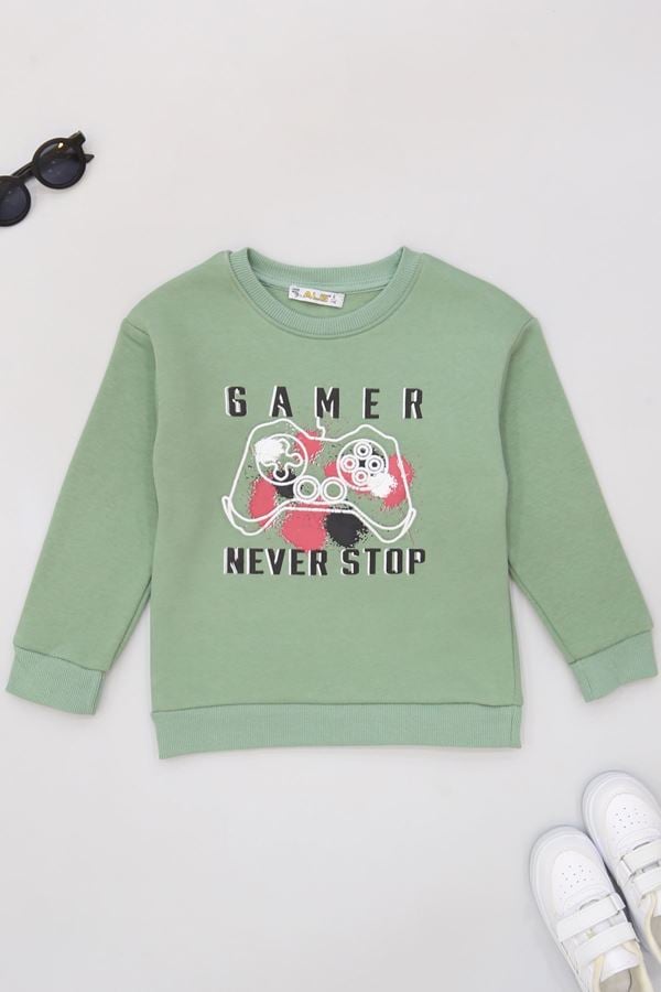 6-9 Yaş Gamer Baskılı 3 İp Şardonlu Sweatshirt Mint - 2264219.1576.