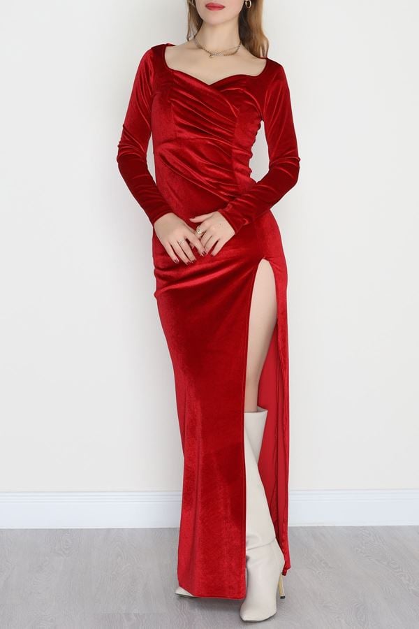 Kalp Yaka Kadife Elbise Kırmızı - 582294.1592.