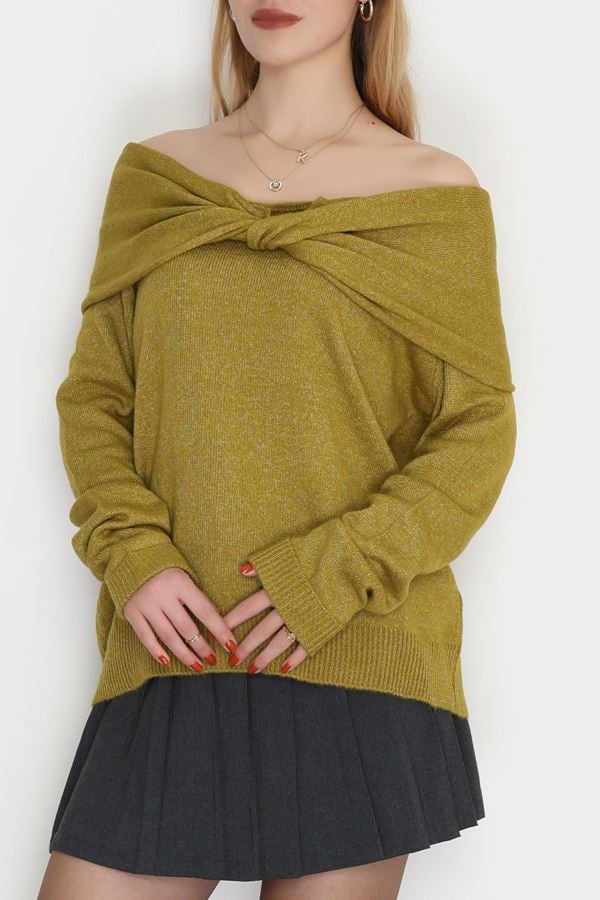 Madonna Yaka Önü Düğümlü Triko Yağyeşili - 2432.1765.