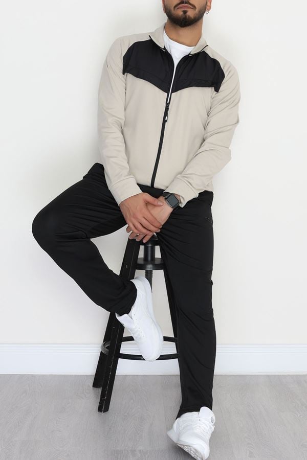 Önü Parçalı Dalgıç Erkek Eşofman Takımı Bejsiyah - 42536.1937.