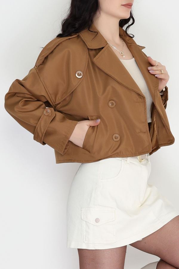 Astarlı Çift Düğmeli Kısa Trençkot Taba - 90863.147.