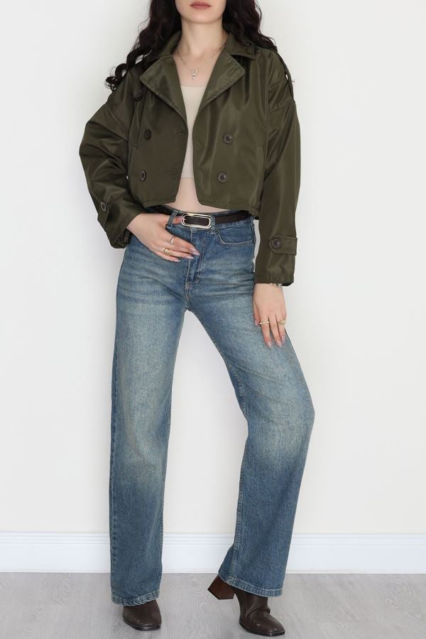 Astarlı Çift Düğmeli Kısa Trençkot Haki - 90863.147.