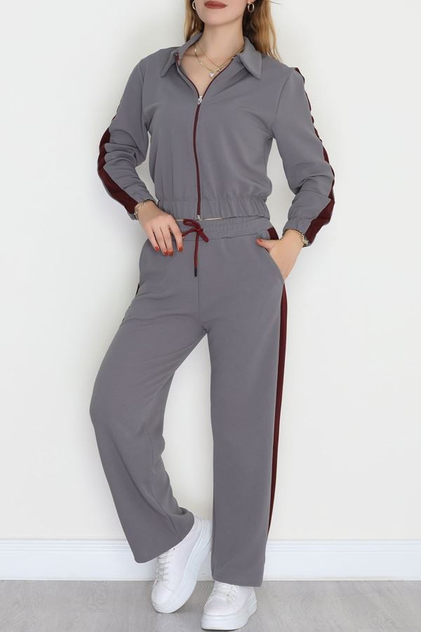 Şerit Detaylı Zra Krep Kumaş İkili Takım Antrasitbordo - 31442.1837.