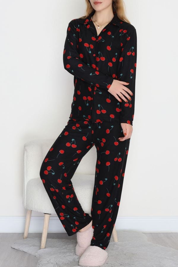 Düğmeli Süet Pijama Takımı Siyahkiraz - 450.1287.