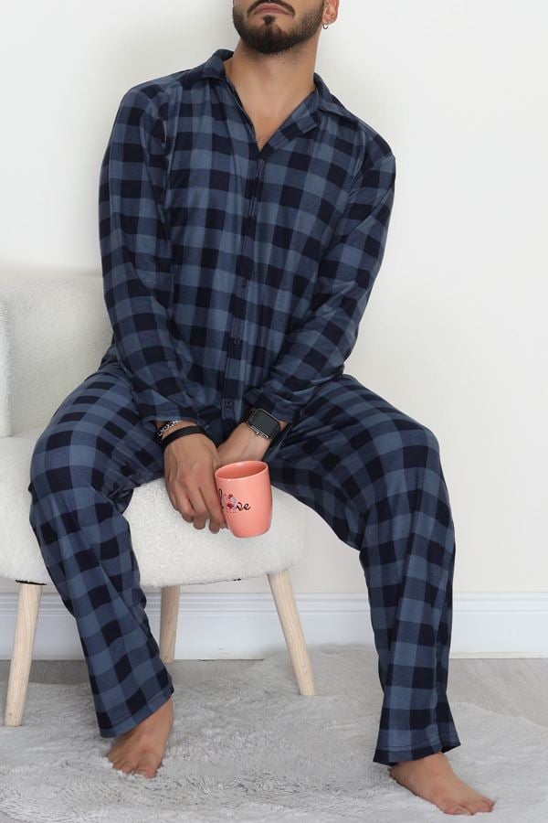 Süet Düğmeli Erkek Pijama Takımı Lacivertkare - 755.1287.