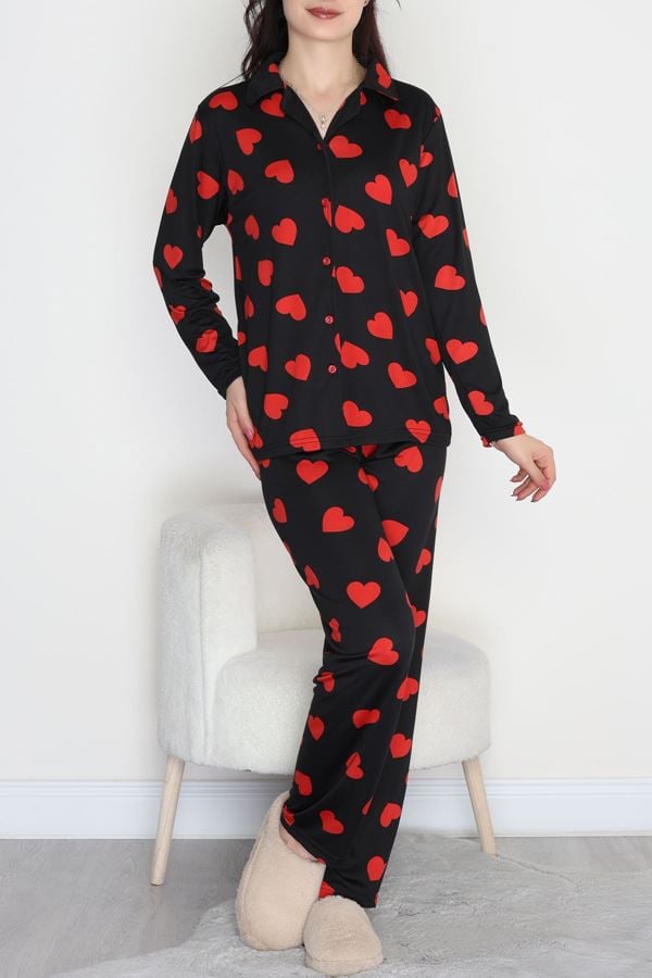 Soft Milan Düğmeli Pijama Takımı Siyahkırmızı - 7511.1287.