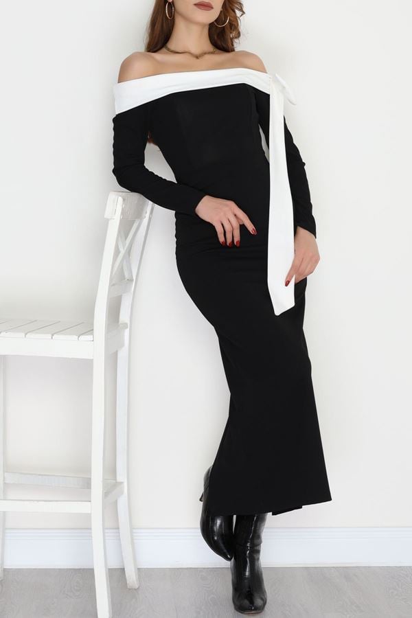 Omuzu Kurdele Detaylı Zra Krep Elbise Siyahbeyaz - 583335.1592.