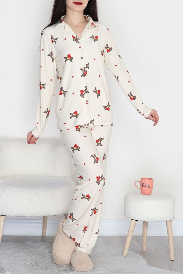 Düğmeli Süet Pijama Takımı Krem - 450.1287.