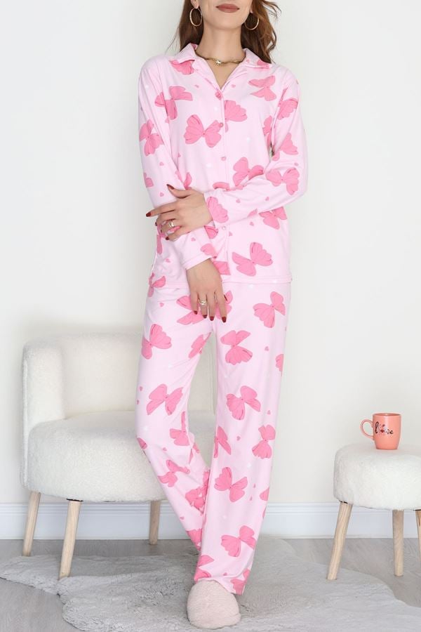 Düğmeli Süet Pijama Takımı Pembe - 450.1287.
