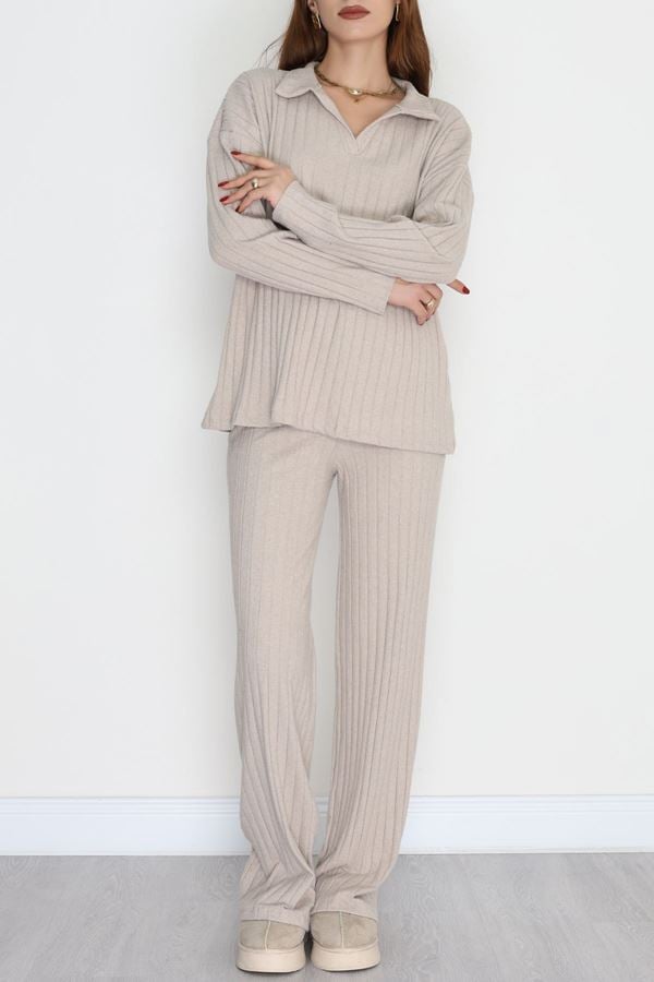 Polo Yaka Likralı İnterlok Fitilli Takım Bej - 90970.1748.