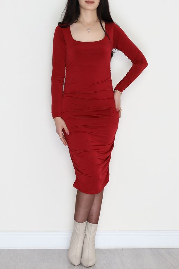 Yanları Büzgülü Sandy Elbise Bordo - 42569.1949.