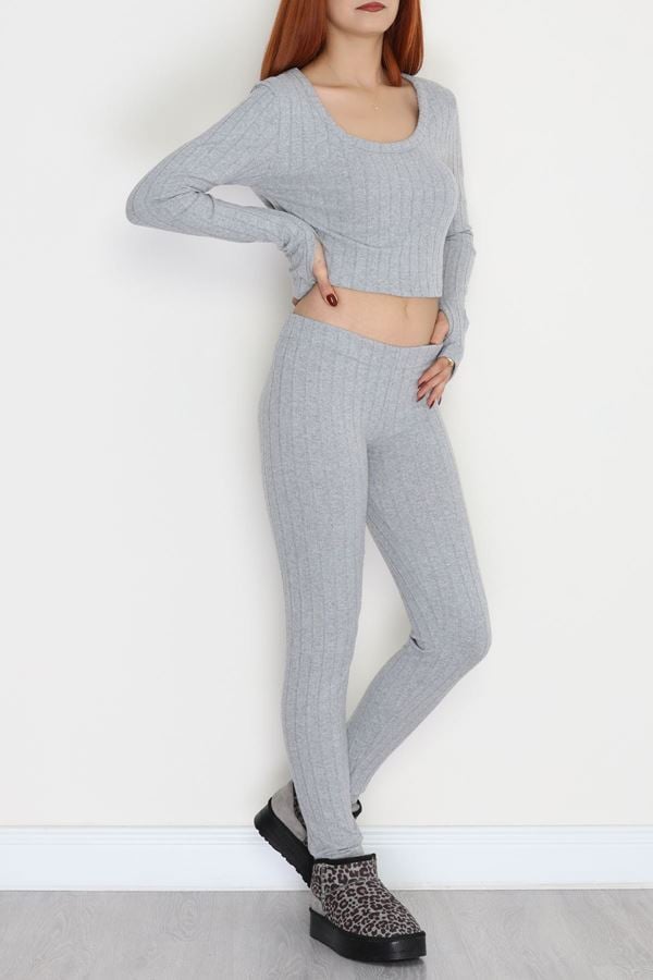 Parmak Geçmeli U Yaka Raporlu İnterlok Takım Gri - 90975.1748.