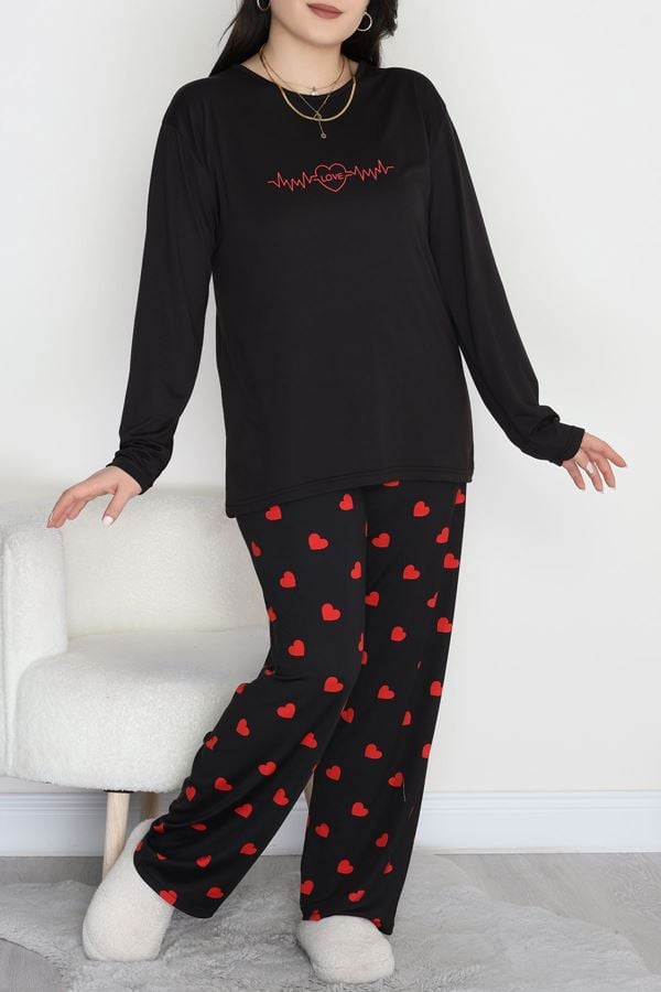 Şardonlu Milan Büyük Beden Pijama Takımı Siyahkırmızı - 665.1287.