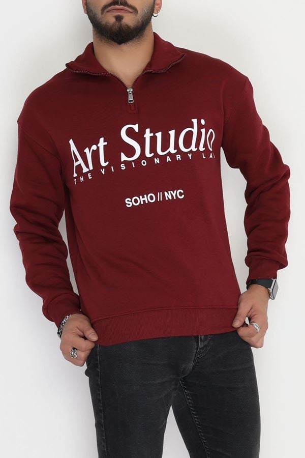 Baskılı 3 İplik Şardonlu Erkek Sweat Bordo - 42584.1872.